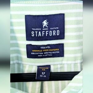 Stafford men's dress shirt wrinkle-free light green and cream stripes size 17